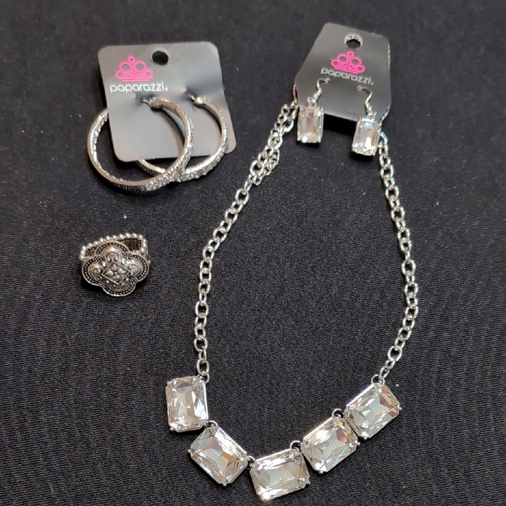 Jewelry Lot Sparkling Silver Necklace & Earring Set, Ring, & Hoop Earrings NWT